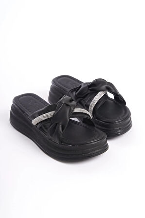 CLARA Düz Topuklu Kurdele Desenli Taşlı Kalın ve Ortopedik Taban Kadın Terlik  CST - Siyah