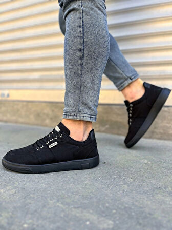JY0118 REX Bağcıklı Keten Kumaş Erkek Günlük Sneaker Ayakkabı KST - Siyah