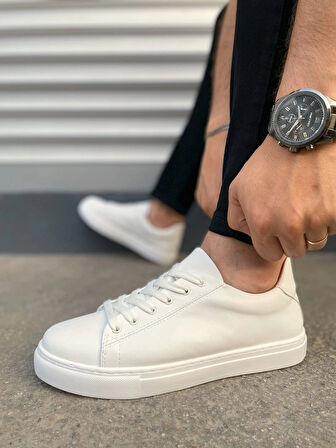 JY122 Mode Bağcıklı Cilt Erkek Günlük Sneaker Ayakkabı CBT - Beyaz