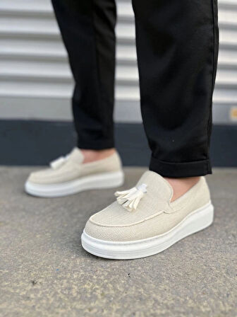 JY154 Blaze Bağcıksız Püsküllü Keten Erkek Günlük Spor Klasik Ayakkabı KBT - Beyaz