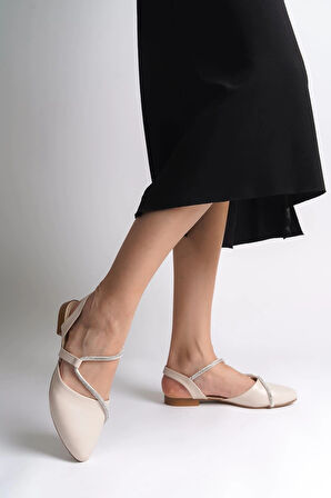 HANNAH Lastikli Ortopedik Rahat Taban Taş Detaylı Kadın Babet Ayakkabı  CKT - Krem