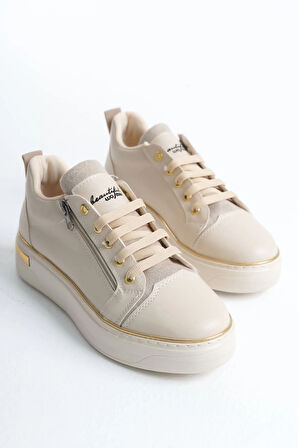DINA Bağcıklı Fermuarlı Ortopedik Taban Kadın Sneaker Spor Ayakkabı  CKT - Krem/Altın