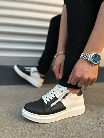 JY155 Warrior Bağcıklı ve Fermuarlı Cilt Erkek Günlük Sneaker Ayakkabı CBT - Beyaz/Siyah