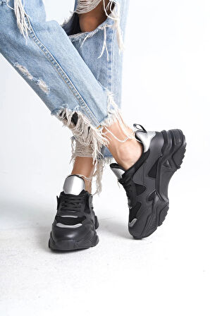 TOKYO Bağcıklı Ortopedik Taban Triko Detaylı Kadın Spor Ayakkabı  TST - Siyah/Gri