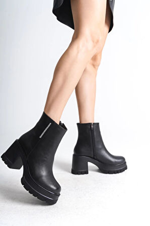 LISSE Fermuarlı Ortopedik Taban Kalın Topuklu Kadın Bot CST - Siyah
