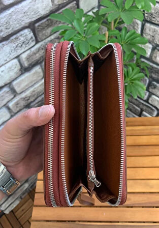 Guard Çift Fermuarlı Taba Deri El Çantası