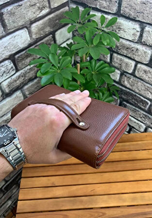 Guard Çift Fermuarlı Taba Deri El Çantası