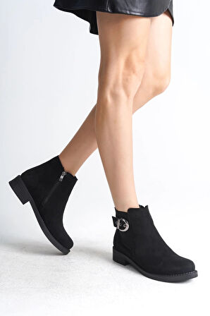 LUNA Fermuarlı Lastikli Ortopedik Taban Topuklu Süet Kadın Bot  SST - Siyah
