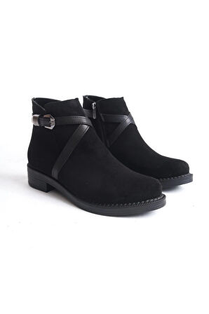 ALMILA Fermuarlı Lastikli Ortopedik Taban Topuklu Süet Kadın Bot SST - Siyah