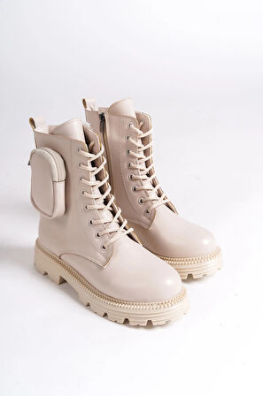 GINA Bağcıklı Fermuarlı Ortopedik Taban Çantalı Kadın Bot  CKT - Krem