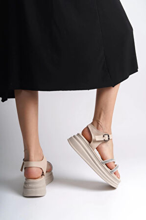 ZLOHE Kalın Tokalı Taşlı Şeritli Ortopedik Taban Kadın Sandalet  CKT - Krem