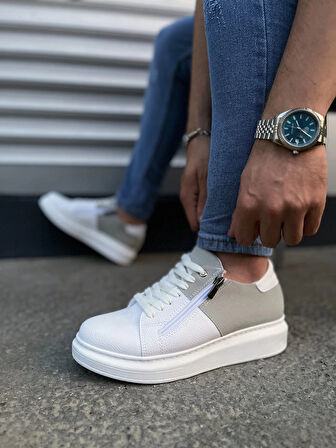 JY155 Warrior Bağcıklı ve Fermuarlı Cilt Süet Erkek Günlük Sneaker Ayakkabı CSBT - Beyaz/Gri