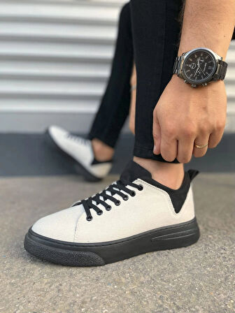 JY204 Flex Bağcıklı Keten Kumaş Erkek Günlük Sneaker Ayakkabı KST - Beyaz/Siyah