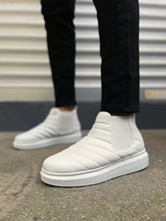 JY205 Boston Bağcıksız Ortopedik Taban Cilt Erkek Spor Bot CBT - Beyaz