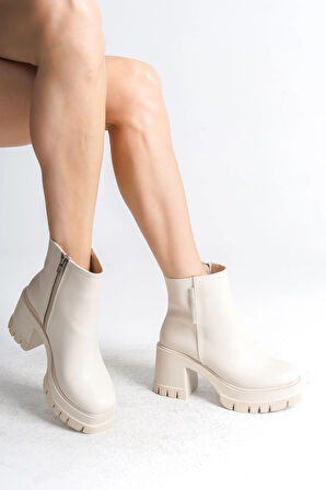 LISSE Fermuarlı Ortopedik Taban Kalın Topuklu Kadın Bot CKT - Krem