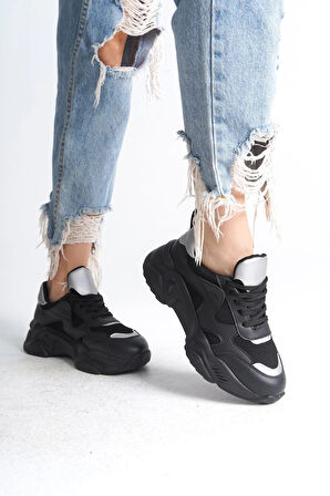 TOKYO Bağcıklı Ortopedik Taban Triko Detaylı Kadın Spor Ayakkabı  TST - Siyah/Gri