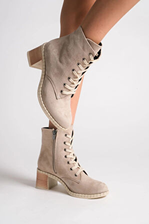 DIANA Bağcıklı Fermuarlı Ortopedik Taban Topuklu Süet Kadın Bot STT - Ten