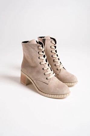 DIANA Bağcıklı Fermuarlı Ortopedik Taban Topuklu Süet Kadın Bot STT - Ten