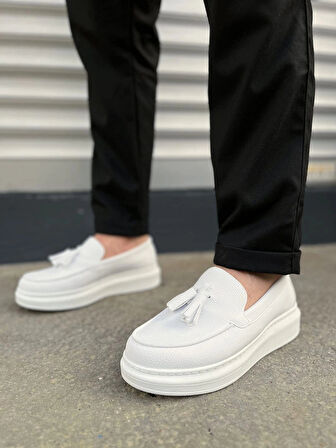 JY154 Blaze Bağcıksız Püsküllü Cilt Erkek Günlük Spor Klasik Ayakkabı CBT - Beyaz