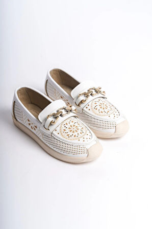 LAYLA Bağcıksız Ortopedik Rahat Taban Çiçek Desenli Kadın Babet Ayakkabı  CKT - Beyaz