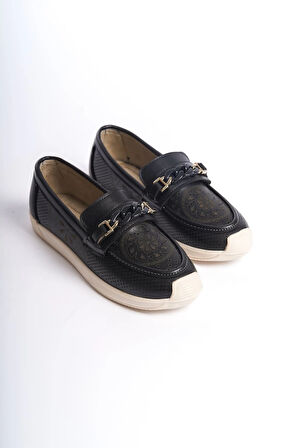 LIZY Bağcıksız Ortopedik Rahat Taban Çiçek Desenli Kadın Babet Ayakkabı  CKT - Siyah