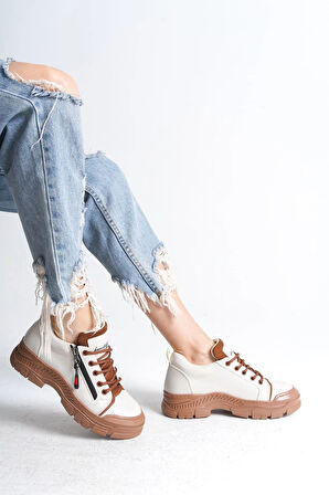 AGATHA Bağcıklı Fermuarlı Ortopedik Taban Kadın Sneaker Spor Ayakkabı  CTT - Krem