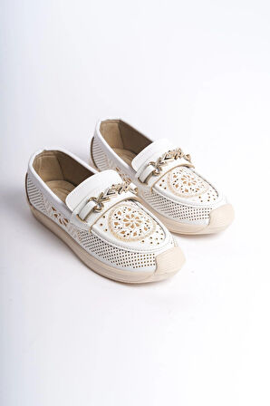 LILY Bağcıksız Ortopedik Rahat Taban Çiçek Desenli Kadın Babet Ayakkabı  CKT - Beyaz