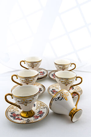 6'lı Ayaklı Porselen Türk Kahvesi Fincanı 90 ml – Gold Detaylı, Çiçek Desenli, Tabaklı (12 Parça)