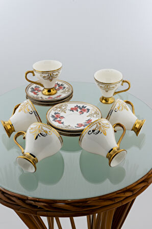 6'lı Ayaklı Porselen Türk Kahvesi Fincanı 90 ml – Gold Detaylı, Çiçek Desenli, Tabaklı (12 Parça)
