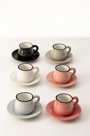 6 Farklı Renk Siyah Kenarlı Rustik Porselen Kahve Fincan Seti 12 Parça