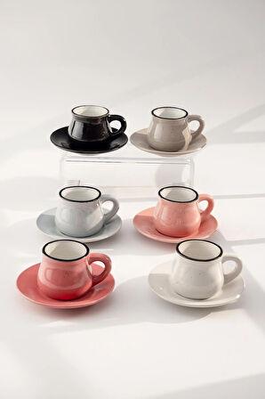 6 Farklı Renk Siyah Kenarlı Rustik Porselen Kahve Fincan Seti 12 Parça