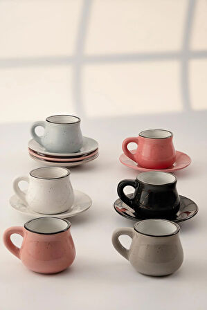 6 Farklı Renk Siyah Kenarlı Rustik Porselen Kahve Fincan Seti 12 Parça