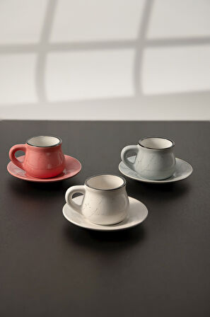 6 Farklı Renk Siyah Kenarlı Rustik Porselen Kahve Fincan Seti 12 Parça