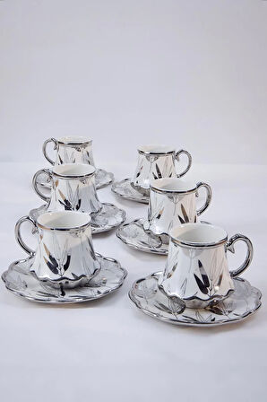 12 Parça Gümüş Yaprak Desenli Özel Form Kahve Fincan Seti