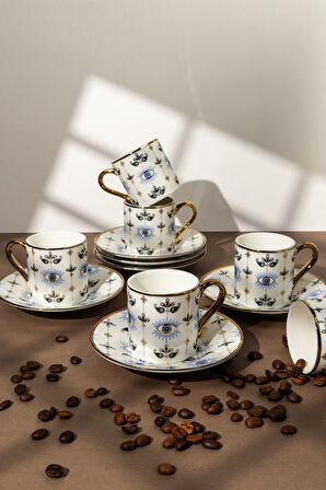 12 Parça 6 Kişilik Porselen Kahve Fincan Takımı – 90 ml, Nazar Boncuğu Desenli, Altın Detaylı