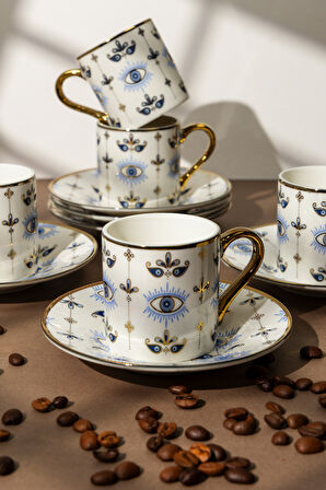 12 Parça 6 Kişilik Porselen Kahve Fincan Takımı – 90 ml, Nazar Boncuğu Desenli, Altın Detaylı