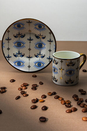 12 Parça 6 Kişilik Porselen Kahve Fincan Takımı – 90 ml, Nazar Boncuğu Desenli, Altın Detaylı