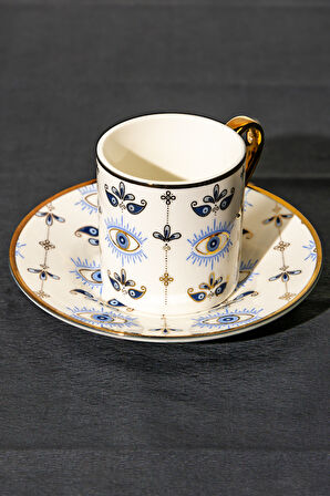 12 Parça 6 Kişilik Porselen Kahve Fincan Takımı – 90 ml, Nazar Boncuğu Desenli, Altın Detaylı