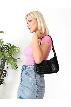 Cirilo Kroko Deri Siyah Omuz ve El Çantası