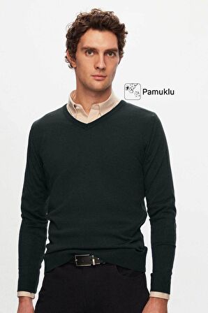 Ds Damat Regular Fit Haki Düz V Yaka Triko Kazak 5HF06ORT12003 5HF06ORT12003