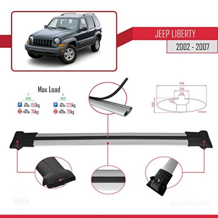 Jeep Liberty 2002-2007 Arası ile Uyumlu FLY Model Ara Atkı Tavan Barı Gri 2 Adet