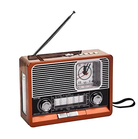 Nostaljik Radyo Bluetooth Hoparlör Led Işıklı Saatli Sd Kart Usb Aux Girişli Şarjlı K-105 RADYO_KAHVERENGİ
