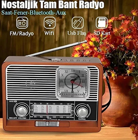 Nostaljik Radyo Bluetooth Hoparlör Led Işıklı Saatli Sd Kart Usb Aux Girişli Şarjlı K-105 RADYO_KAHVERENGİ