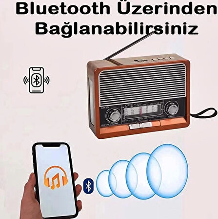 Nostaljik Radyo Bluetooth Hoparlör Led Işıklı Saatli Sd Kart Usb Aux Girişli Şarjlı K-105 RADYO_KAHVERENGİ