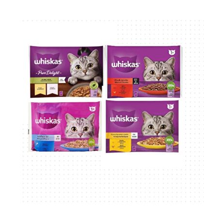 Whiskas tavuklu,somonlu,sığır etli,ton balıklı karışık yaş mama 4x85 gr 16 paket