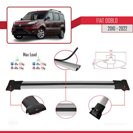 Fiat Doblo 2 2010-2022 Arası ile Uyumlu FLY Model Ara Atkı Tavan Barı Gri 2 Adet