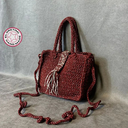 Uretti - Güner 6158 - El Yapımı Makrome İp Mini Bordo Çapraz Çanta - 14 x 17 cm