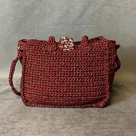 Uretti - Güner 6158 - El Yapımı Makrome İp Mini Bordo Çapraz Çanta - 14 x 17 cm