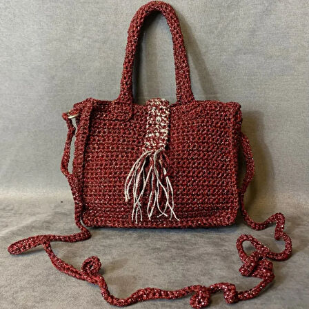 Uretti - Güner 6158 - El Yapımı Makrome İp Mini Bordo Çapraz Çanta - 14 x 17 cm