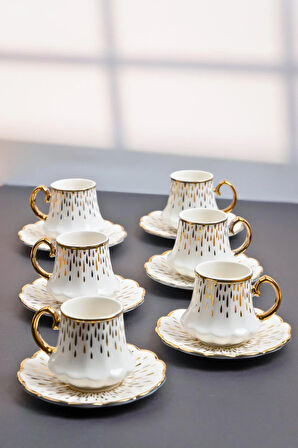Lüks Porselen Türk Kahve Fincan Takımı – 6 Kişilik, 90 ml, Altın Detaylı, 12 Parça